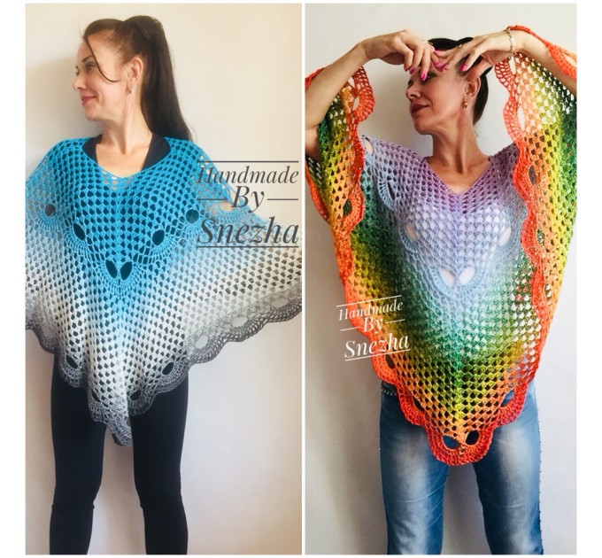  RAINBOW Crochet PONCHO Women Big Size Vintage Shawl Wraps Cotton Plus Size Clothing Granny Square Gay Pride Knit Triangle Bohemian Flower  Poncho  8