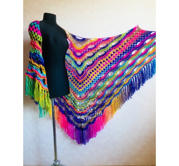  Rainbow Crochet Shawl Wraps With Fringe Triangular Colorful brooch Evening Hand Knitted Shawl Multicolor Shawl Lace Warm Wool Chic Shawl  Shawl / Wraps  4