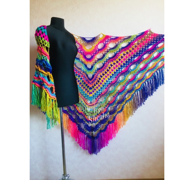  Rainbow Crochet Shawl Wraps With Fringe Triangular Colorful brooch Evening Hand Knitted Shawl Multicolor Shawl Lace Warm Wool Chic Shawl  Shawl / Wraps  8