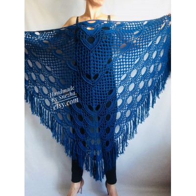 Crochet SHAWL Fringe Triangle White COTTON Granny Square Navy Blue Bridesmaid Wraps Custom Color Summer Lace Shawl Hand Knit Flower Black