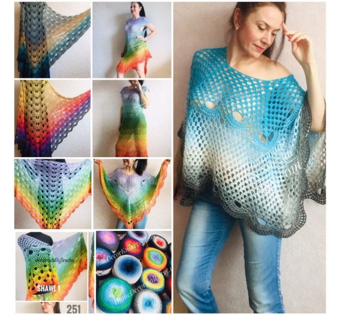  RAINBOW Crochet Poncho Women Shawl Big Size Vintage Wraps Cotton Hand Knit Oversized Clothing Granny Square Pride Shawl Triangle Bohemian  Poncho  