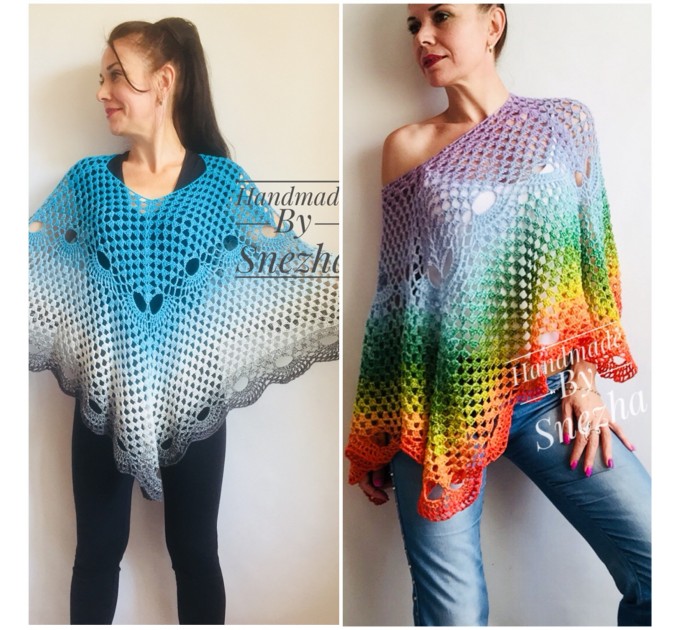  RAINBOW Crochet Poncho Women Shawl Big Size Vintage Wraps Cotton Hand Knit Oversized Clothing Granny Square Pride Shawl Triangle Bohemian  Poncho  7