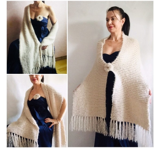  Wedding shawl Ivory bridesmaid faux fur Winter bridal knit wrap, Hand knit Long warm scarf, Beige Navy Blue Fuzzy rustic shawl  Shawl / Wraps  