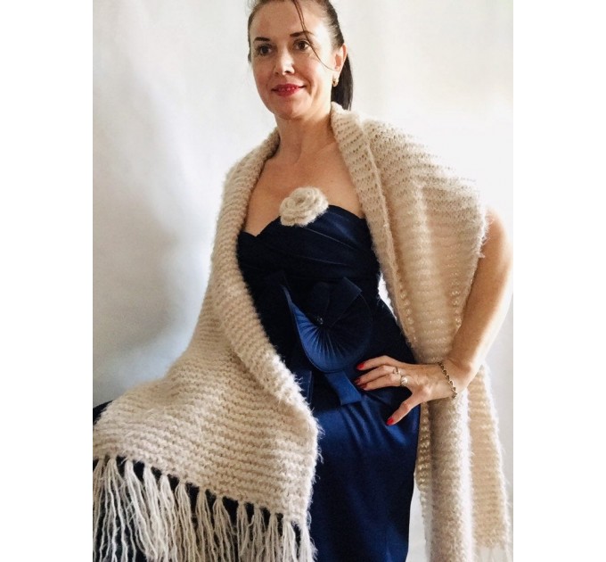  Wedding shawl Ivory bridesmaid faux fur Winter bridal knit wrap, Hand knit Long warm scarf, Beige Navy Blue Fuzzy rustic shawl  Shawl / Wraps  2