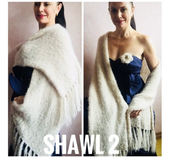  Wedding shawl Ivory bridesmaid faux fur Winter bridal knit wrap, Hand knit Long warm scarf, Beige Navy Blue Fuzzy rustic shawl  Shawl / Wraps  3