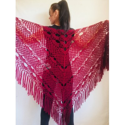 Burgundy crochet bridal shawl and wraps Crocher wool lace shawl angora Mohair wedding triangle shawl with fringe Bohemian Hand Knit Shawl