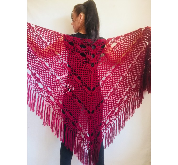  Burgundy crochet bridal shawl and wraps Crocher wool lace shawl angora Mohair wedding triangle shawl with fringe Bohemian Hand Knit Shawl  Shawl / Wraps  