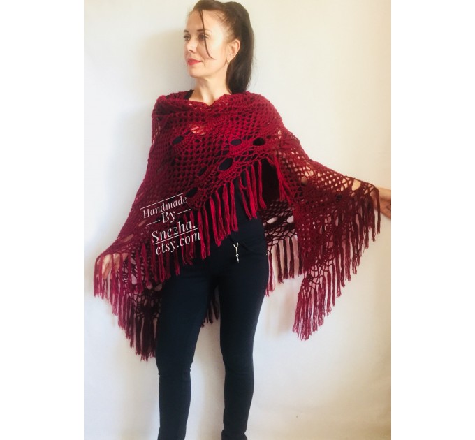  Burgundy crochet bridal shawl and wraps Crocher wool lace shawl angora Mohair wedding triangle shawl with fringe Bohemian Hand Knit Shawl  Shawl / Wraps  6