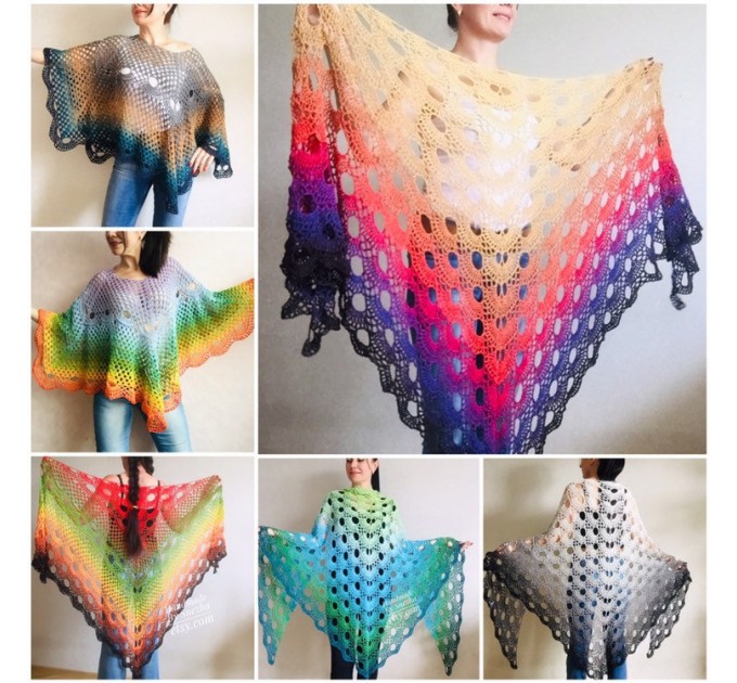  Crochet Rainbow Poncho, Big Size Vintage Festival shawl pin, Plus size Boho kimono Wraps Gift-for-her-women-mom-birthday-gift Beach cover up  Shawl / Wraps  