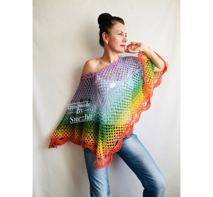  Crochet Rainbow Poncho, Big Size Vintage Festival shawl pin, Plus size Boho kimono Wraps Gift-for-her-women-mom-birthday-gift Beach cover up  Shawl / Wraps  7