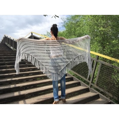 Wedding knit shawl Fringe Triangle scarf Gray Crochet shawl wrap Oversized Dark gray Mohair Wool shawl gift for Mom shawl