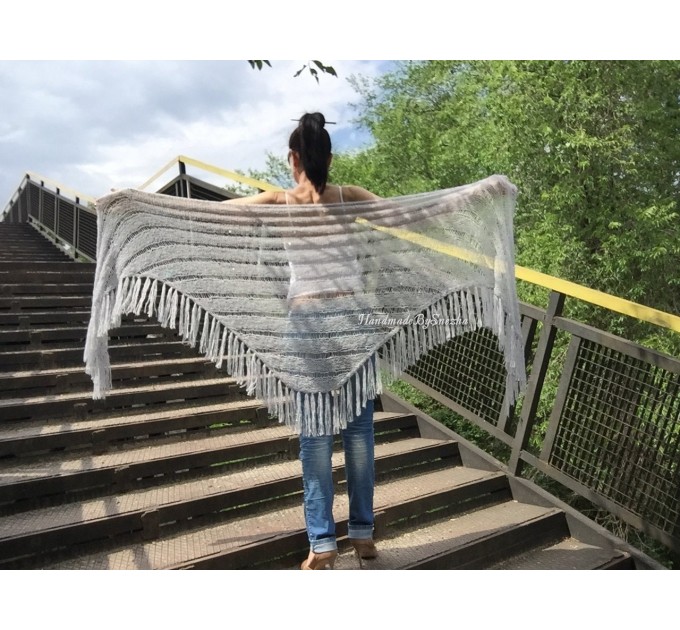  Wedding knit shawl Fringe Triangle scarf Gray Crochet shawl wrap Oversized Dark gray Mohair Wool shawl gift for Mom shawl  Shawl / Wraps  