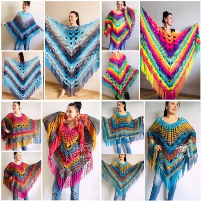 Rainbow Crochet Shawl Fringe Wraps OOAK Boho Lace Triangle Warm Shawl Mom Scarf Women Floral Hand Knit Shawl Large Big Crocheted