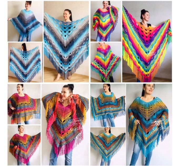  Rainbow Crochet Shawl Fringe Wraps OOAK Boho Lace Triangle Warm Shawl Mom Scarf Women Floral Hand Knit Shawl Large Big Crocheted  Shawl / Wraps  