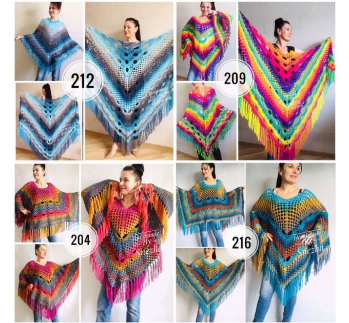  Rainbow Crochet Shawl Fringe Wraps OOAK Boho Lace Triangle Warm Shawl Mom Scarf Women Floral Hand Knit Shawl Large Big Crocheted  Shawl / Wraps  2