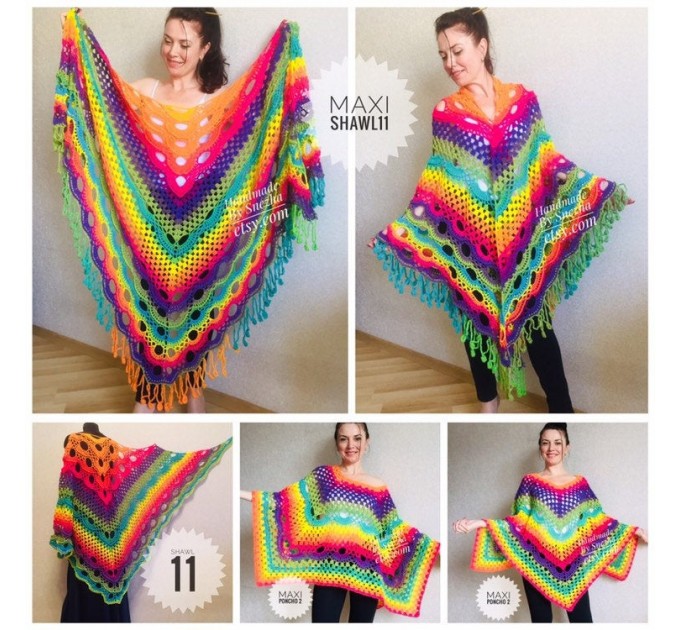  Rainbow Crochet Shawl Fringe Wraps OOAK Boho Lace Triangle Warm Shawl Mom Scarf Women Floral Hand Knit Shawl Large Big Crocheted  Shawl / Wraps  5