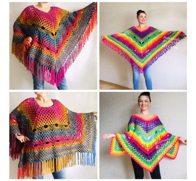  Rainbow Crochet Shawl Fringe Wraps OOAK Boho Lace Triangle Warm Shawl Mom Scarf Women Floral Hand Knit Shawl Large Big Crocheted  Shawl / Wraps  6