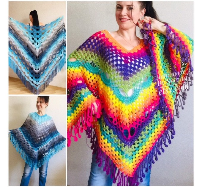  Rainbow Crochet Shawl Fringe Wraps OOAK Boho Lace Triangle Warm Shawl Mom Scarf Women Floral Hand Knit Shawl Large Big Crocheted  Shawl / Wraps  7