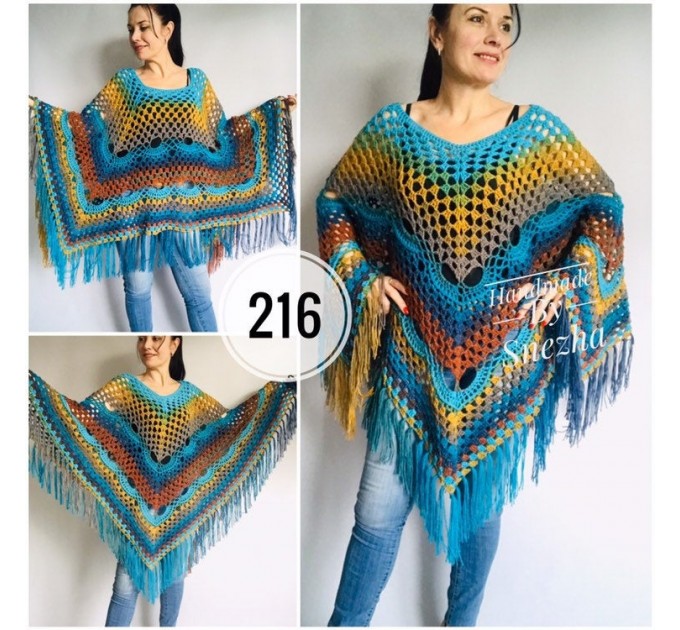  Rainbow Crochet Shawl Fringe Wraps OOAK Boho Lace Triangle Warm Shawl Mom Scarf Women Floral Hand Knit Shawl Large Big Crocheted  Shawl / Wraps  8