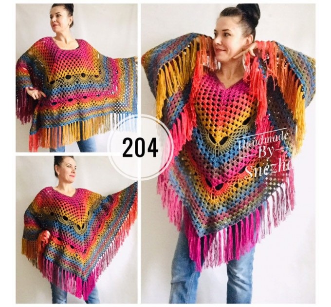  Rainbow Crochet Shawl Fringe Wraps OOAK Boho Lace Triangle Warm Shawl Mom Scarf Women Floral Hand Knit Shawl Large Big Crocheted  Shawl / Wraps  9