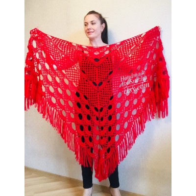 RED Crochet Shawl Fringe SHAWL BLACK Triangle Scarf Boho Shawl Women Evening Shawl Black Floral Scarf Hand Knit Scarf Lace Wool Knit Shawl