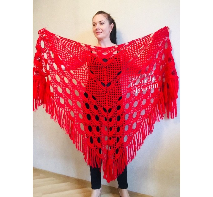  RED Crochet Shawl Fringe SHAWL BLACK Triangle Scarf Boho Shawl Women Evening Shawl Black Floral Scarf Hand Knit Scarf Lace Wool Knit Shawl  Shawl / Wraps  