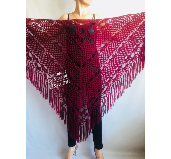  RED Crochet Shawl Fringe SHAWL BLACK Triangle Scarf Boho Shawl Women Evening Shawl Black Floral Scarf Hand Knit Scarf Lace Wool Knit Shawl  Shawl / Wraps  5