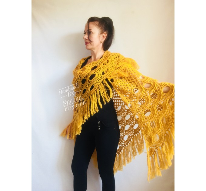  Mustard 50 COLORS Crochet Shawl Wraps Triangle Fringe Granny Shawl Long Handknit Woman Bohemian Festi Hand Knit Large Mohair Oversize Cape  Shawl / Wraps  2