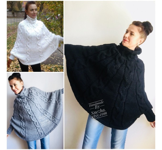 Knit Poncho Woman Crochet Plus Size Clothing Oversize Sweater Gray White Loose Winter Cable SweaterHand Knit