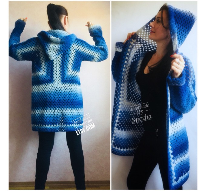  Blue White granny square jacket hood sweater Long sleeve knit Rainbow gradient cardigan woman Crochet Open plus size hippie wool boho coat  Cardigan  