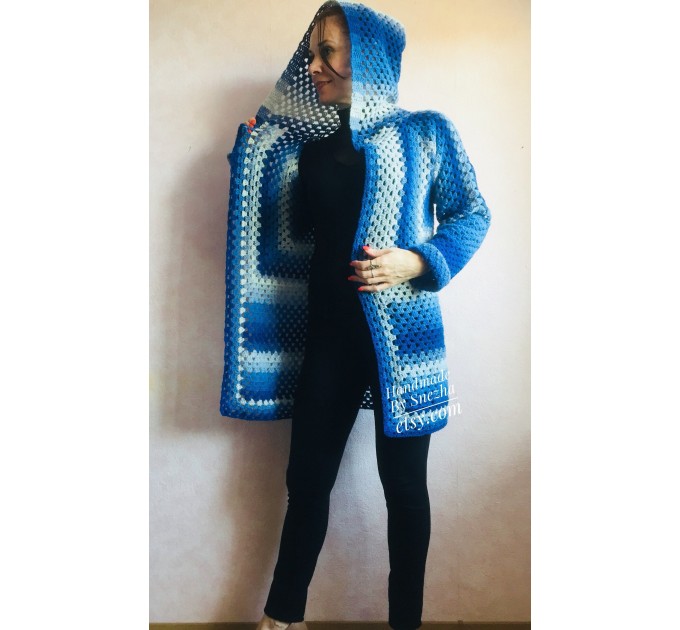  Blue White granny square jacket hood sweater Long sleeve knit Rainbow gradient cardigan woman Crochet Open plus size hippie wool boho coat  Cardigan  3