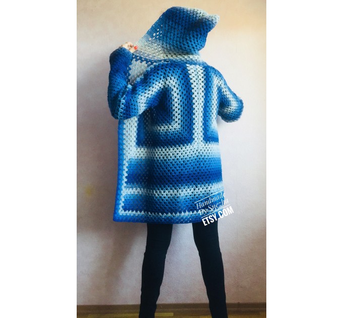  Blue White granny square jacket hood sweater Long sleeve knit Rainbow gradient cardigan woman Crochet Open plus size hippie wool boho coat  Cardigan  1