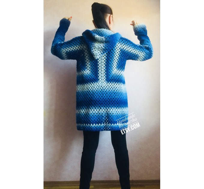  Blue White granny square jacket hood sweater Long sleeve knit Rainbow gradient cardigan woman Crochet Open plus size hippie wool boho coat  Cardigan  9