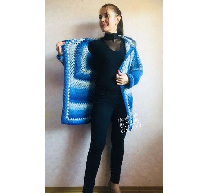  Blue White granny square jacket hood sweater Long sleeve knit Rainbow gradient cardigan woman Crochet Open plus size hippie wool boho coat  Cardigan  10