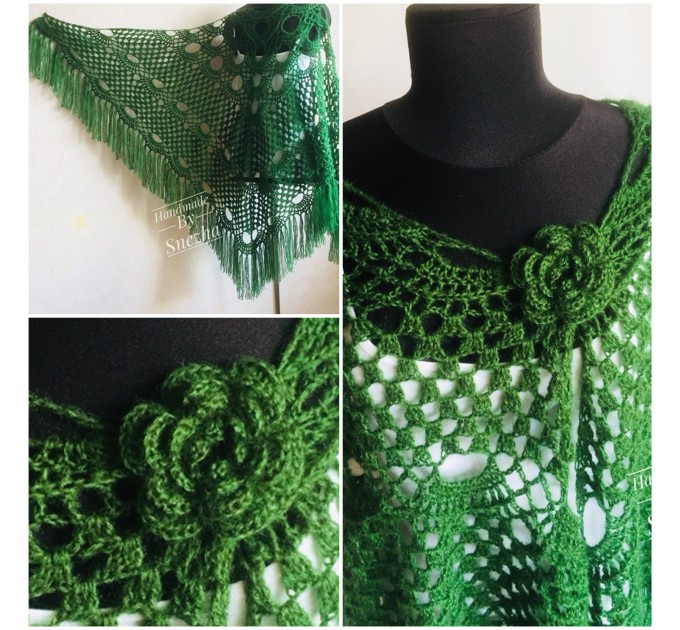  Green Bridesmaid Crochet Shawl Fringe Dark 50 COLOR GIFT brooch Granny Triangle Shawl Long Hand knit Woman Bohemian Hand Knit Wrap Oversize  Wedding  8