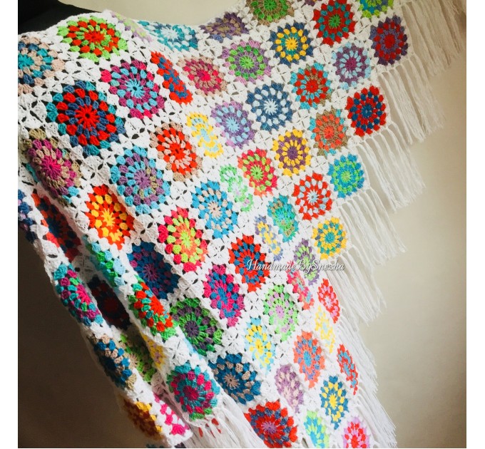  Granny Square Shawl Hand Knit Crochet Shawl Wraps Rainbow Fringe Triangle Cotton Summer Wedding Lace Open Bridesmaid Bohemian Long Shawl  Shawl / Wraps  