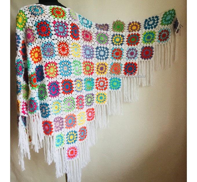  Granny Square Shawl Hand Knit Crochet Shawl Wraps Rainbow Fringe Triangle Cotton Summer Wedding Lace Open Bridesmaid Bohemian Long Shawl  Shawl / Wraps  2