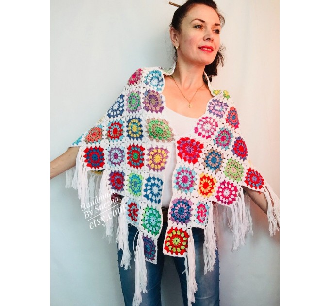  Granny Square Shawl Hand Knit Crochet Shawl Wraps Rainbow Fringe Triangle Cotton Summer Wedding Lace Open Bridesmaid Bohemian Long Shawl  Shawl / Wraps  3