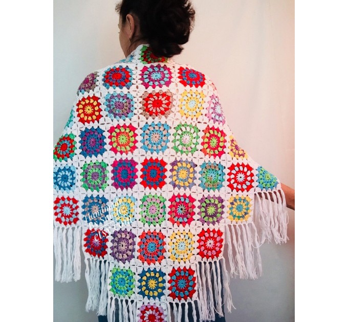  Granny Square Shawl Hand Knit Crochet Shawl Wraps Rainbow Fringe Triangle Cotton Summer Wedding Lace Open Bridesmaid Bohemian Long Shawl  Shawl / Wraps  5