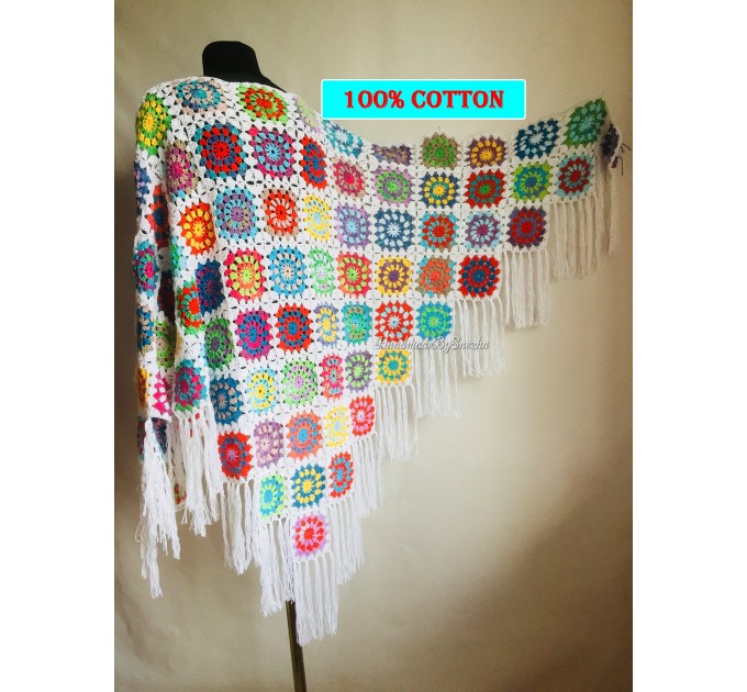  Granny Square Shawl Hand Knit Crochet Shawl Wraps Rainbow Fringe Triangle Cotton Summer Wedding Lace Open Bridesmaid Bohemian Long Shawl  Shawl / Wraps  6