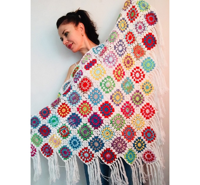  Granny Square Shawl Hand Knit Crochet Shawl Wraps Rainbow Fringe Triangle Cotton Summer Wedding Lace Open Bridesmaid Bohemian Long Shawl  Shawl / Wraps  8