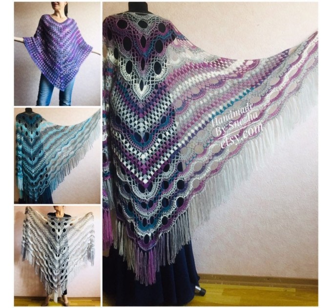  Crochet Shawl Poncho Women Fringe Mohair Big Size Maxi Triangle Shawl Gradient Blue Alpaca Long Hand knit Bohemian Festi Hand Knit Shawl  Shawl / Wraps  