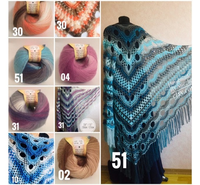 Crochet Shawl Poncho Women Fringe Mohair Big Size Maxi Triangle Shawl Gradient Blue Alpaca Long Hand knit Bohemian Festi Hand Knit Shawl