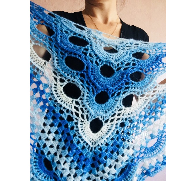  Crochet Shawl Poncho Women Fringe Mohair Big Size Maxi Triangle Shawl Gradient Blue Alpaca Long Hand knit Bohemian Festi Hand Knit Shawl  Shawl / Wraps  8