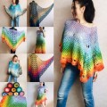 Crochet Poncho Women Rainbow Shawl Big Size Vintage Cotton Boho Maxi Dress Hippie Gift for Her Bohemian Vibrant Colors Boat Neck Poncho