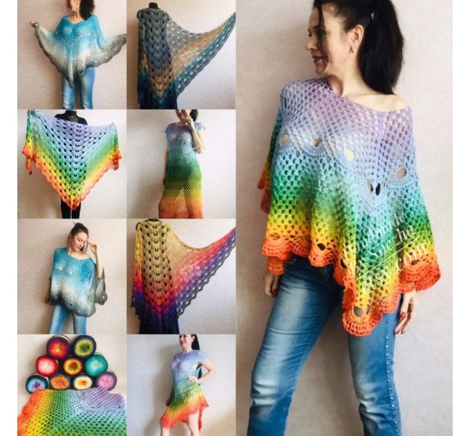 Crochet Poncho Women Rainbow Shawl Big Size Vintage Cotton Boho Maxi Dress Hippie Gift for Her Bohemian Vibrant Colors Boat Neck Poncho