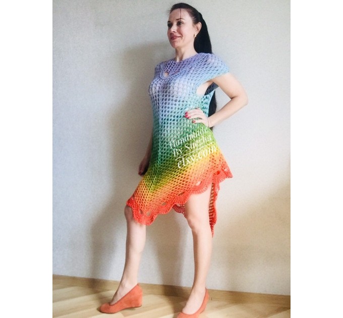 Crochet Poncho Women Rainbow Shawl Big Size Vintage Cotton Boho Maxi Dress Hippie Gift for Her Bohemian Vibrant Colors Boat Neck Poncho