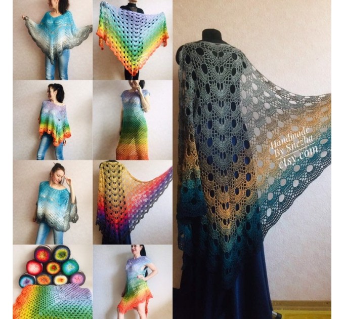  Festival big size vintage shawl pin, Boho kimono Plus size poncho, Swimsuit Beach cover up Rainbow Maxi Dress Crochet Wraps, Gift for mom  Shawl / Wraps  6