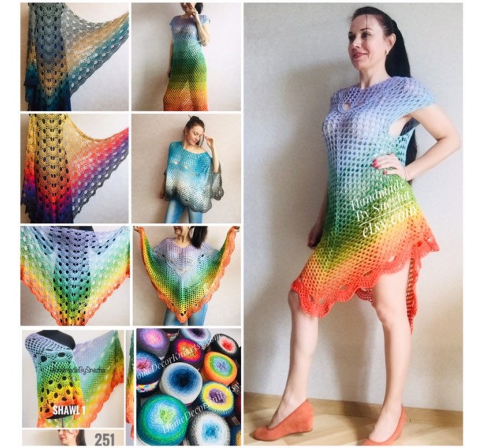  Crochet Poncho Women Plus Size beach swimsuit cover up big Vintage Shawl White Cotton Knit Boho Cape Hippie Gift-for-Her Bohemian Rainbow  Poncho  5