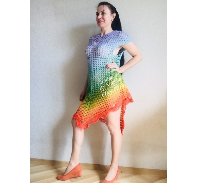  Crochet poncho beach sexy bikini Rainbow cover up Boho women cotton summer Top, Knit beach swimwear coverup Short festival cape Gift-for-Her  Poncho  6